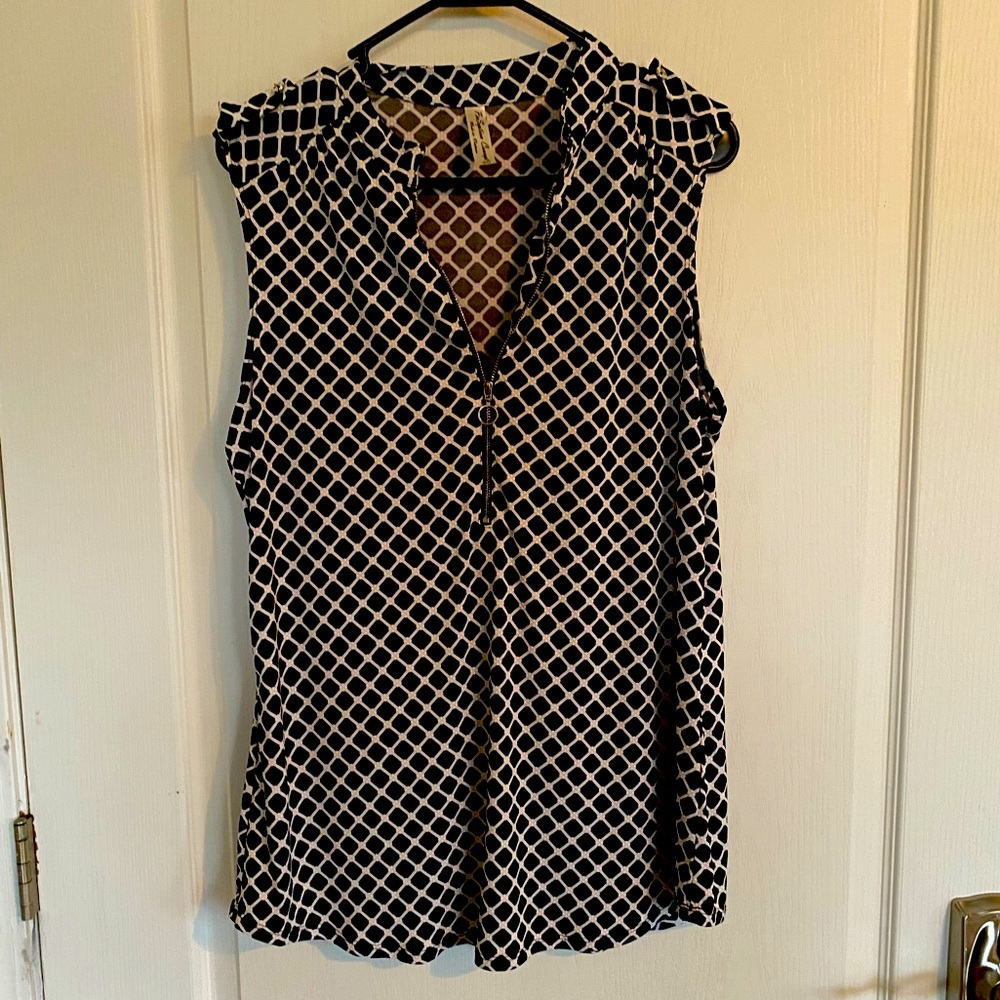 Black and white zip front tab shoulder slinky top sleeveless business casual